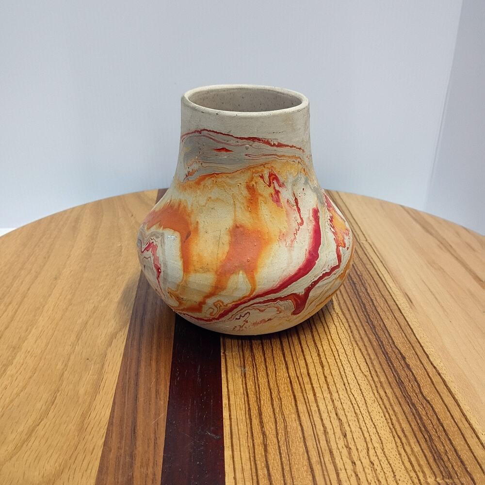 Nemadji Pottery Vase Native American USA Swirl Orange Black Flame Red